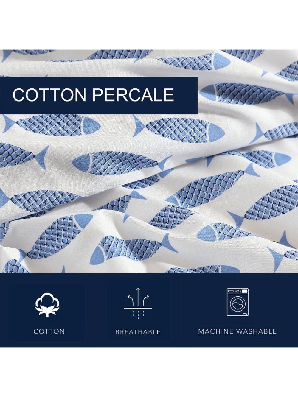 NEW Nautica Woodblock Blue Fish Cotton Full Sheet Set - Picture 10 of 10